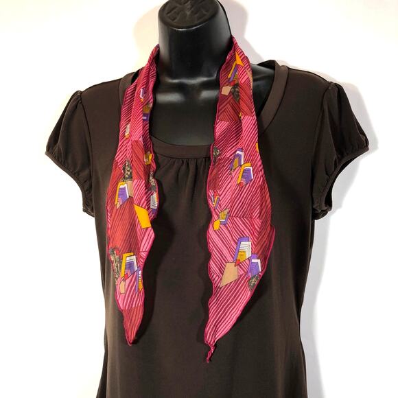 Red Geometric Print Scarf, Yellow Purple Animal Head Sheer Coquette Office Retro - Picture 5 of 6